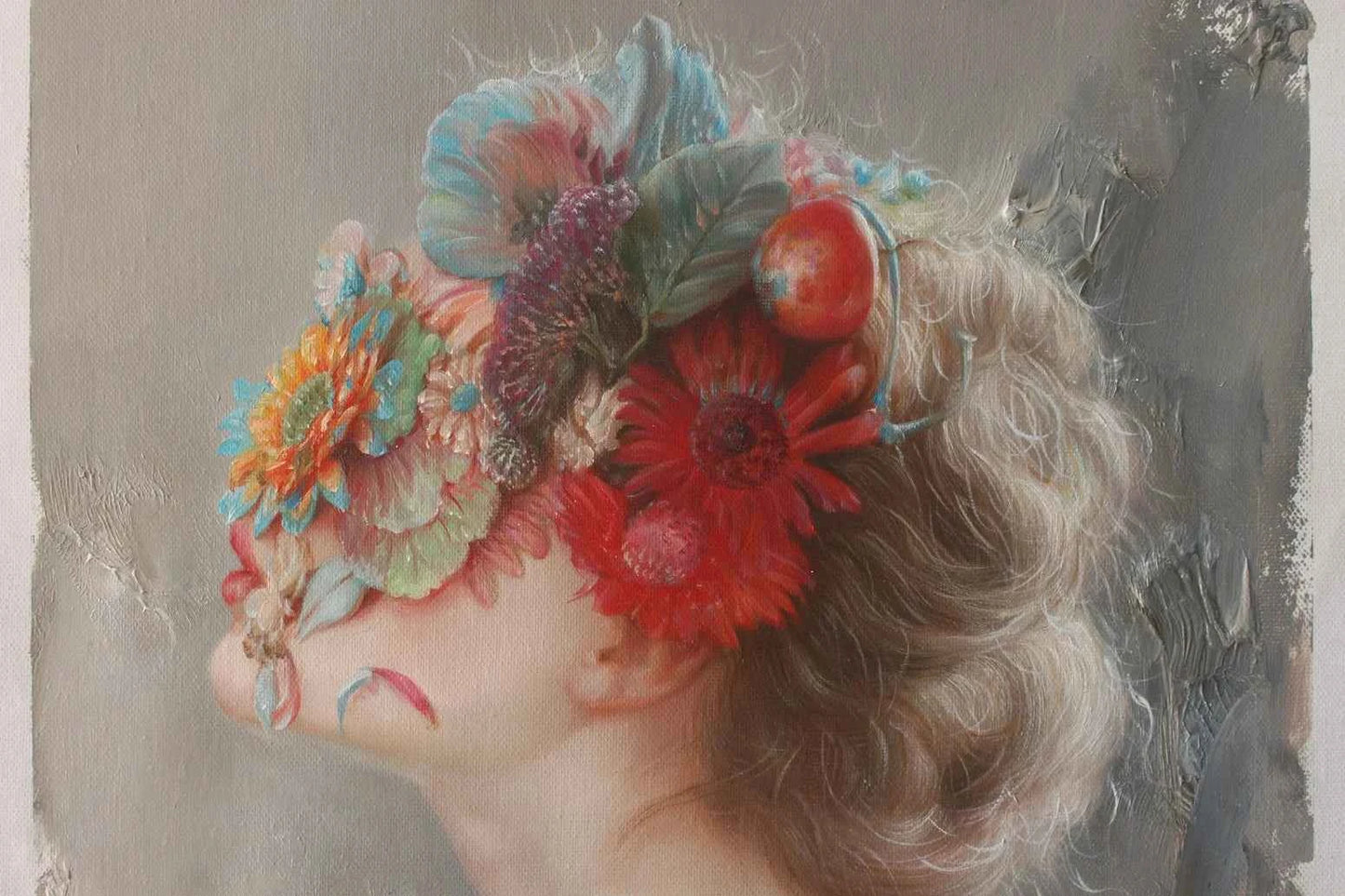 Portrait de jeune fille fée des fleurs, peinture à l'huile surréaliste