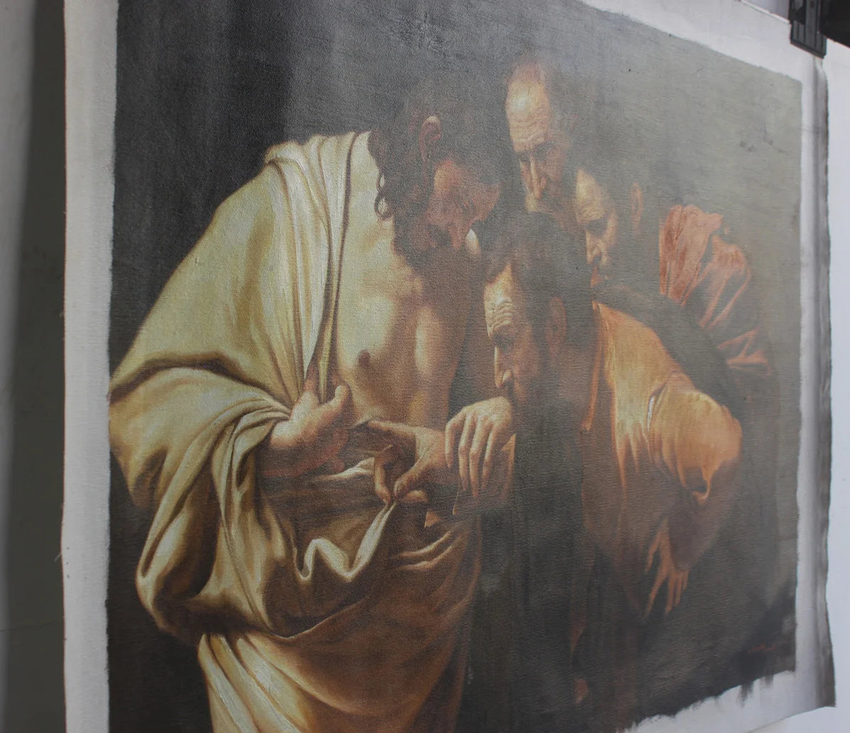 Caravage huile sur toile l'incrédulité de saint Thomas - Caravaggio oil on canvas the incredulity of Saint Thomas