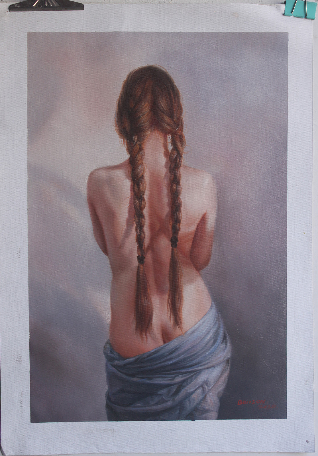 art érotique jeune fille dénudée de dos, peinture huile sur toile originale