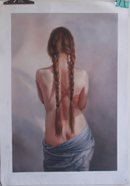 art érotique jeune fille dénudée de dos, peinture huile sur toile originale