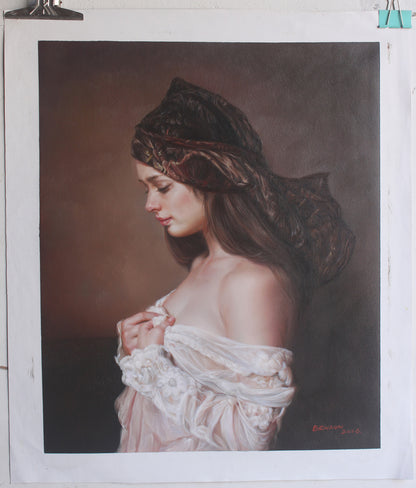 art érotique jeune fille dénudée de profil, peinture huile sur toile originale