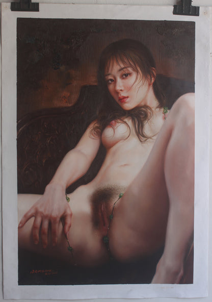 art-erotique-femme-asiatique nue-intégrale-belle-poitrine-peinture-huile-sur-toile-originale