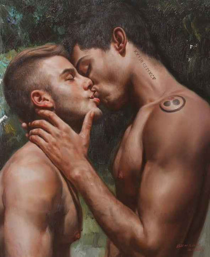 art-decoration-tableau-peinture-huile-toile-portrait-masculin--male-hommes-baiser-gay-lgbt-queer