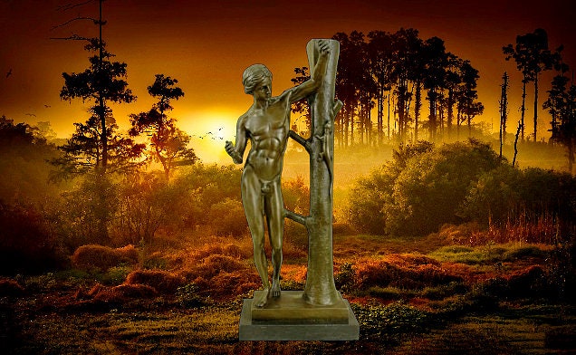 dieu grec nu avec lézard statue bronze