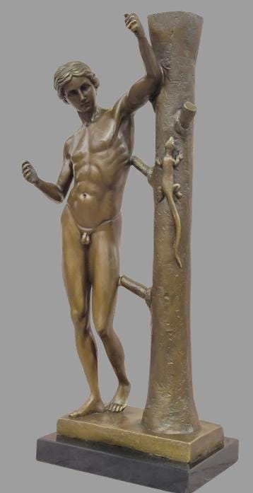 dieu grec nu avec lézard statue bronze