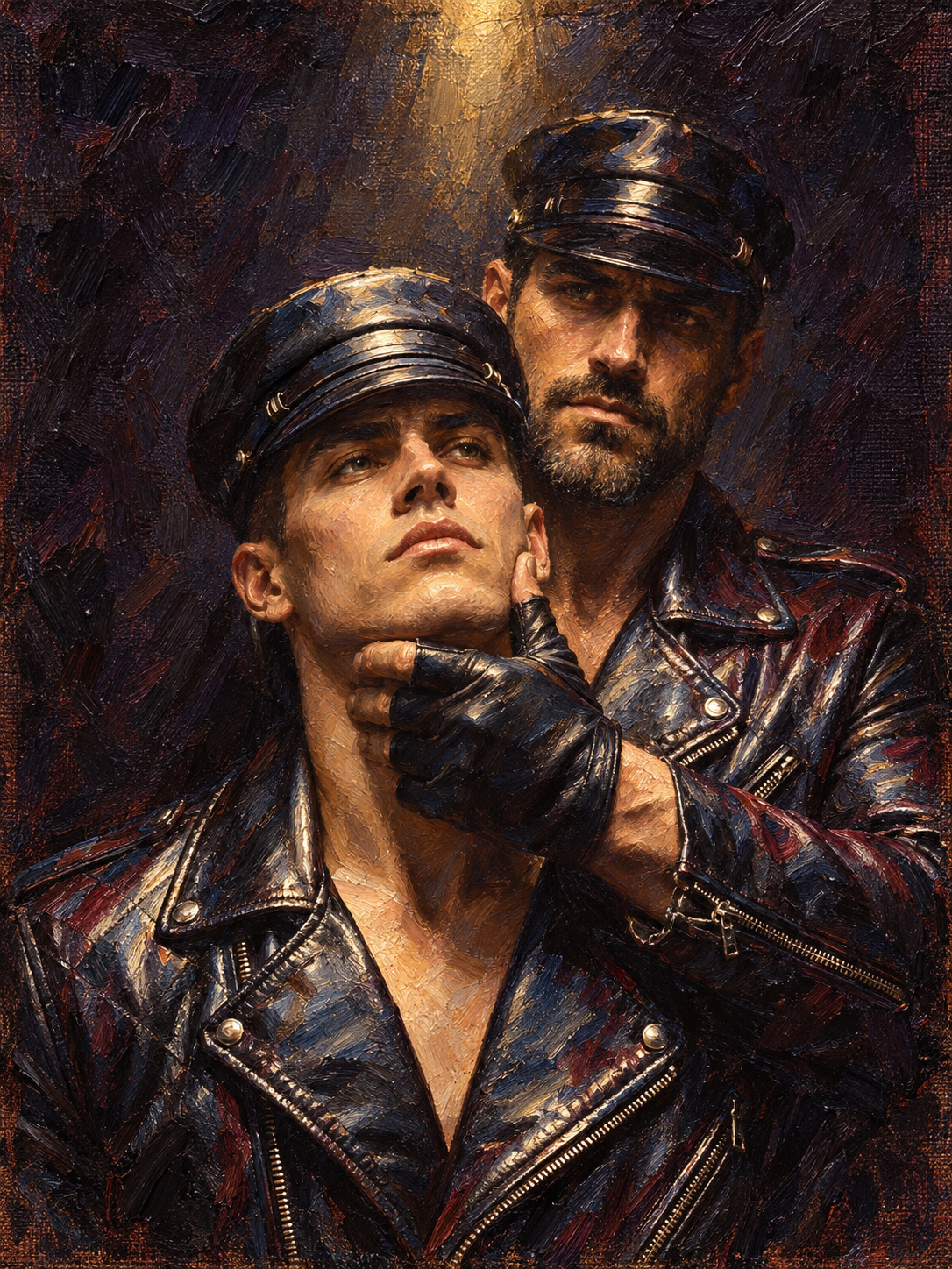 peinture huile sur toile faite sur commande - PORTRAIT BOGOSSE GAY LOVERS CUIR