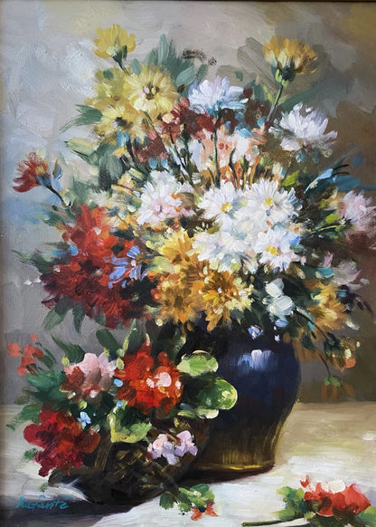 Fleurs impressionnistes - Magnifique bouquet coloré - Cadre doré