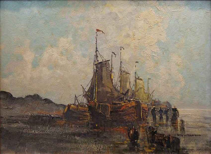 paysage marin bateaux de peche huile sur toile peinture néerlandaise de WIM VAN NORDEN