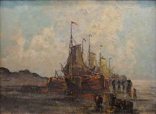 paysage marin bateaux de peche huile sur toile peinture néerlandaise de WIM VAN NORDEN