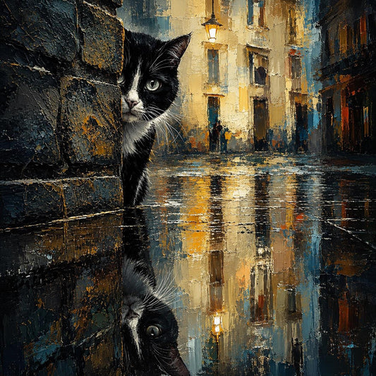 peinture huile sur toile faite sur commande - scène CHAT NOIR NUIT