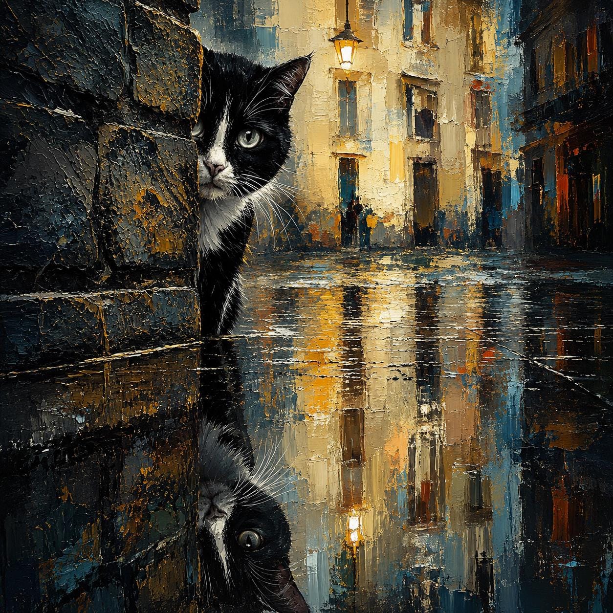 peinture huile sur toile faite sur commande - scène CHAT NOIR NUIT