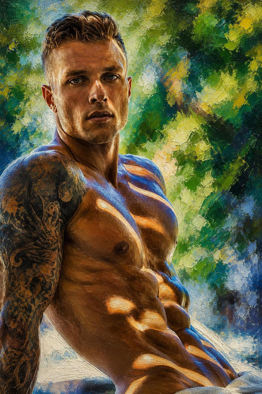 peinture huile sur toile faite sur commande - scène érotique hommes TORSE NU