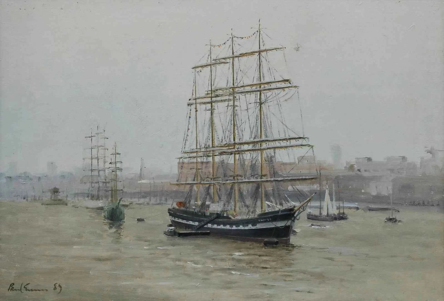 peinture finement détaillée de Paul Gunn (né en 1934) représentant « Kruzenshtern », un voilier russe