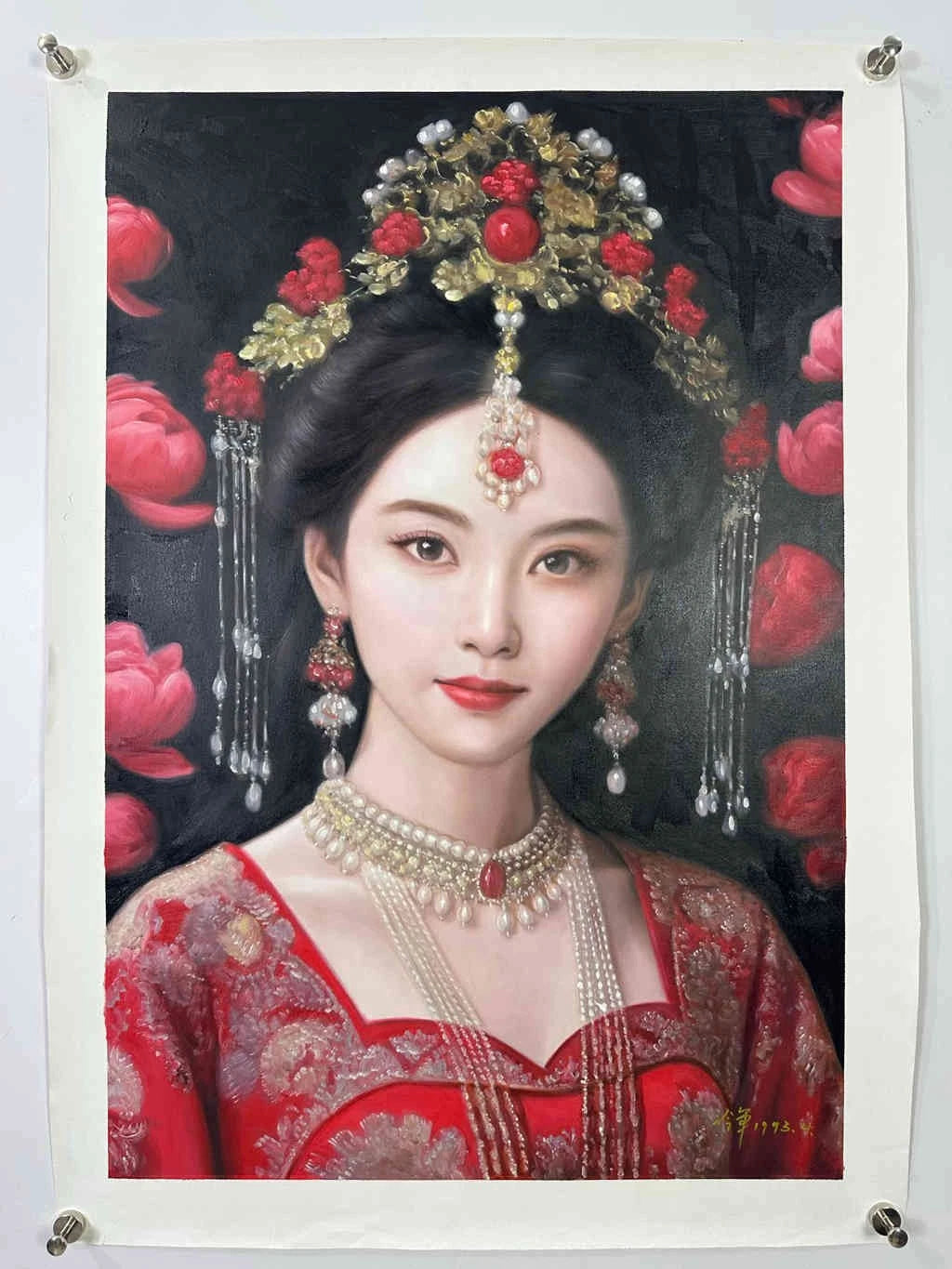 Peinture à l'huile sur toile peinte à la main belle femme chinoise tenue aparat rouge par Leng Jun - Kikooyou Art Gallery