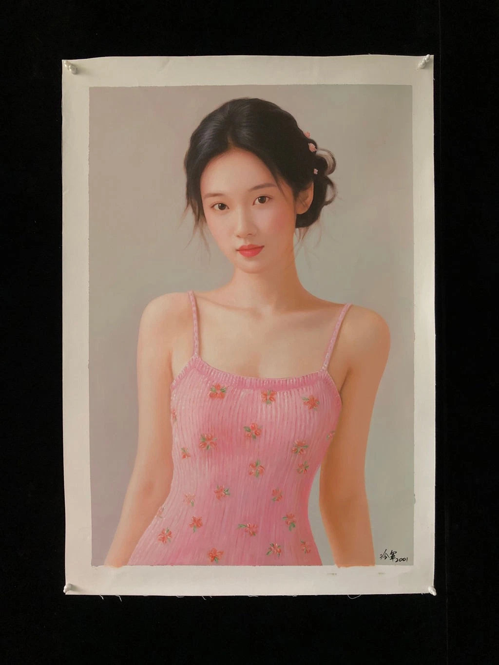 Peinture à l'huile sur toile peinte à la main belle femme chinoise en robe rose par Leng Jun - Kikooyou Art Gallery