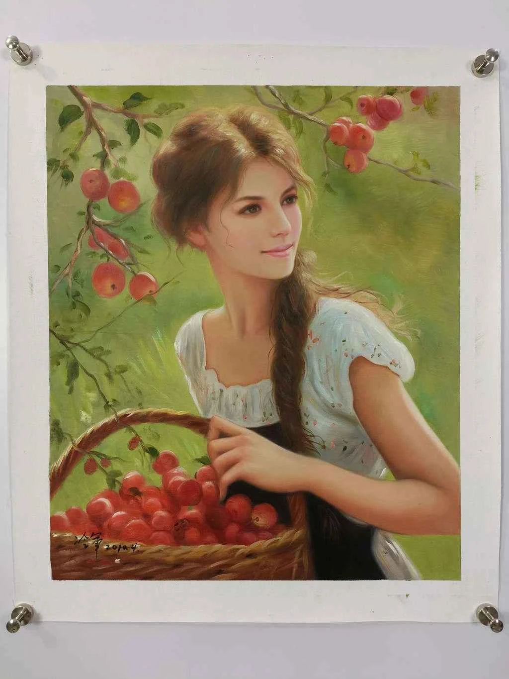 Peinture à l'huile sur toile peinte à la main belle femme cueille des fruits