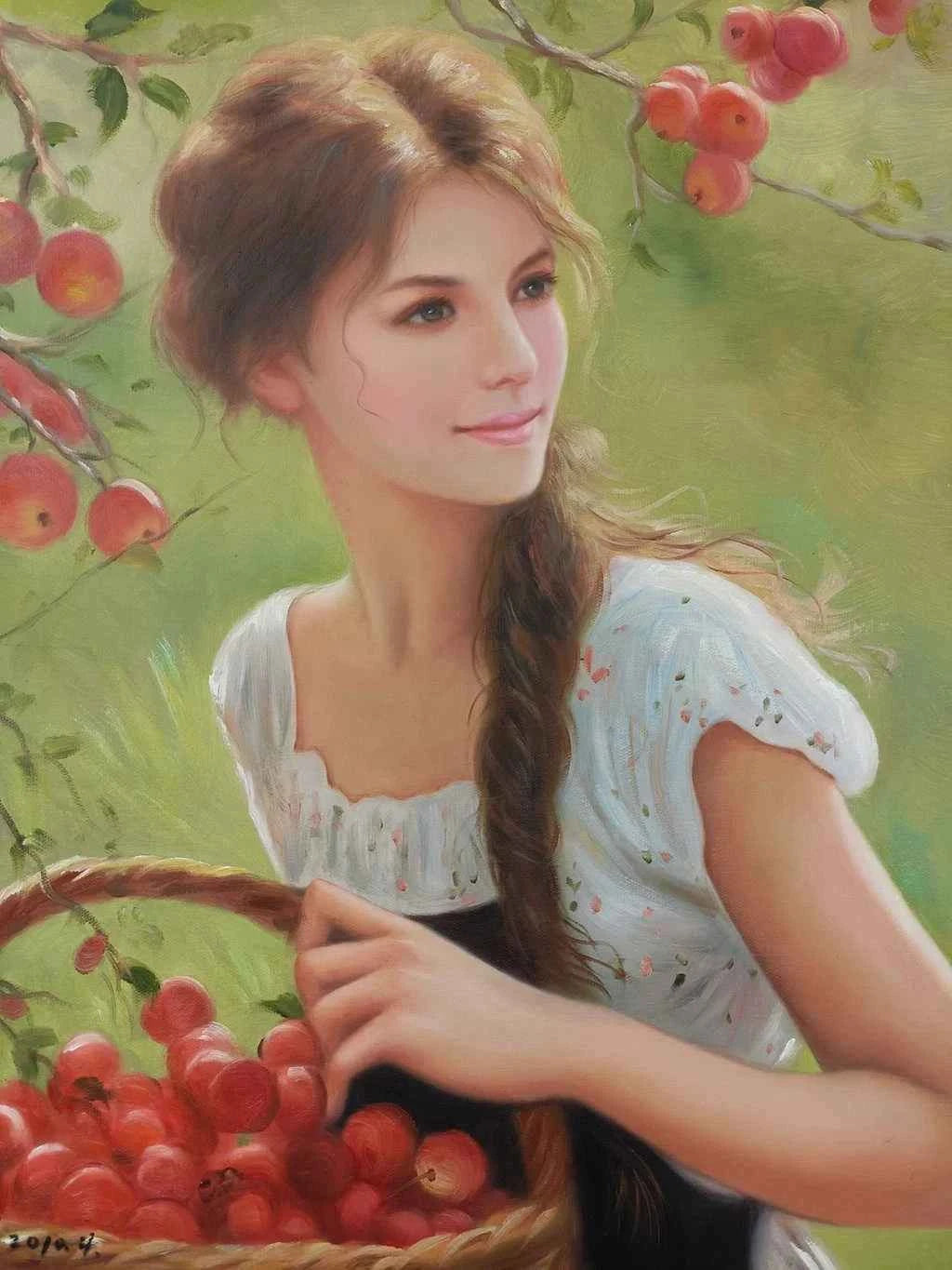 Peinture à l'huile sur toile peinte à la main belle femme cueille des fruits