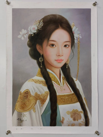 Peinture à l'huile sur toile peinte à la main belle femme chinoise robe aparat par Leng Jun - Kikooyou Art Gallery