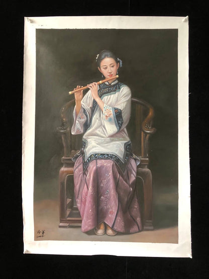 Peinture à l'huile chinoise sur toile peinte à la main belle femme musicienne flutiste traditionnelle par Leng Jun - Kikooyou Art Gallery