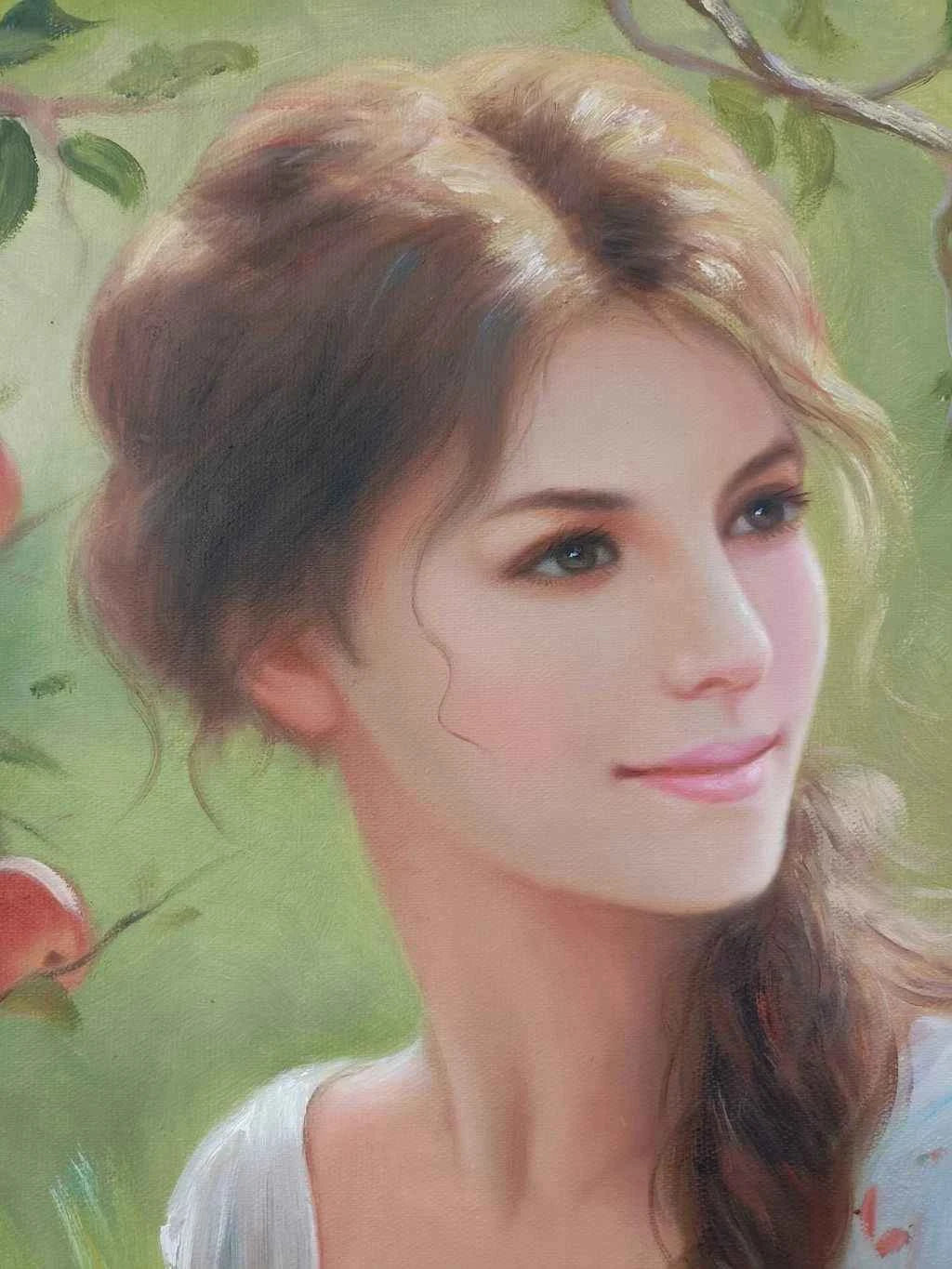 Peinture à l'huile sur toile peinte à la main belle femme cueille des fruits