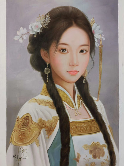 Peinture à l'huile sur toile peinte à la main belle femme chinoise robe aparat par Leng Jun - Kikooyou Art Gallery