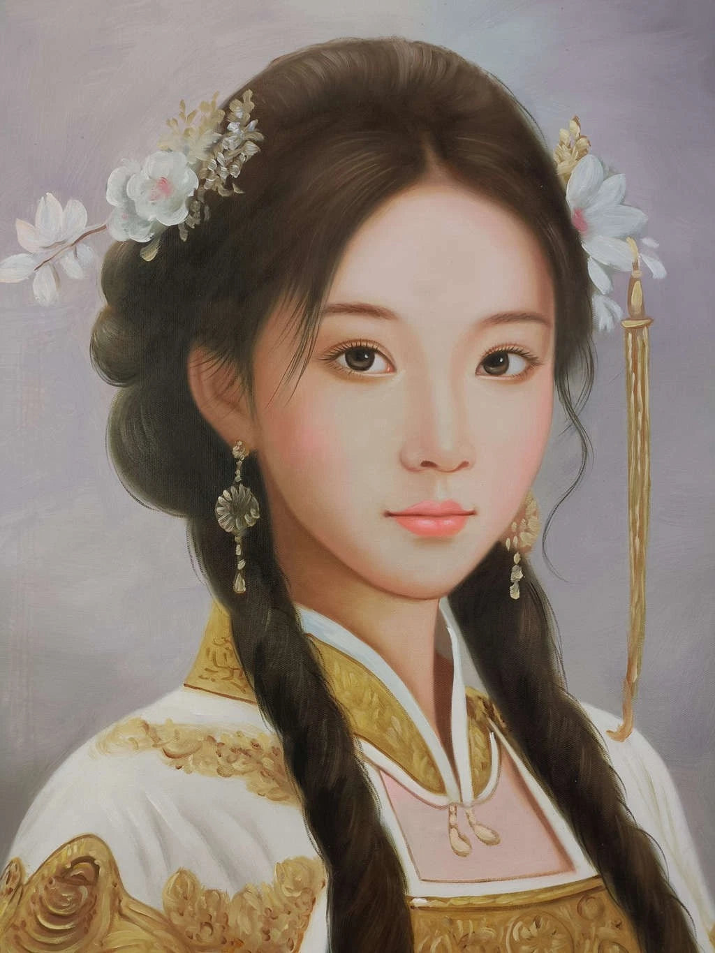 Peinture à l'huile sur toile peinte à la main belle femme chinoise robe aparat par Leng Jun - Kikooyou Art Gallery