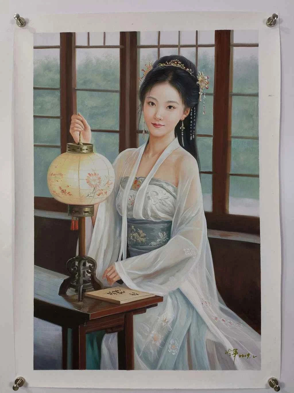 Peinture à l'huile sur toile peinte à la main belle femme chinoise avec lampe