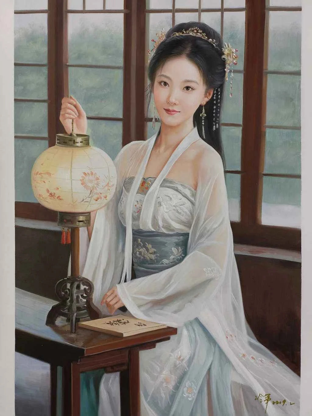 Peinture à l'huile sur toile peinte à la main belle femme chinoise avec lampe