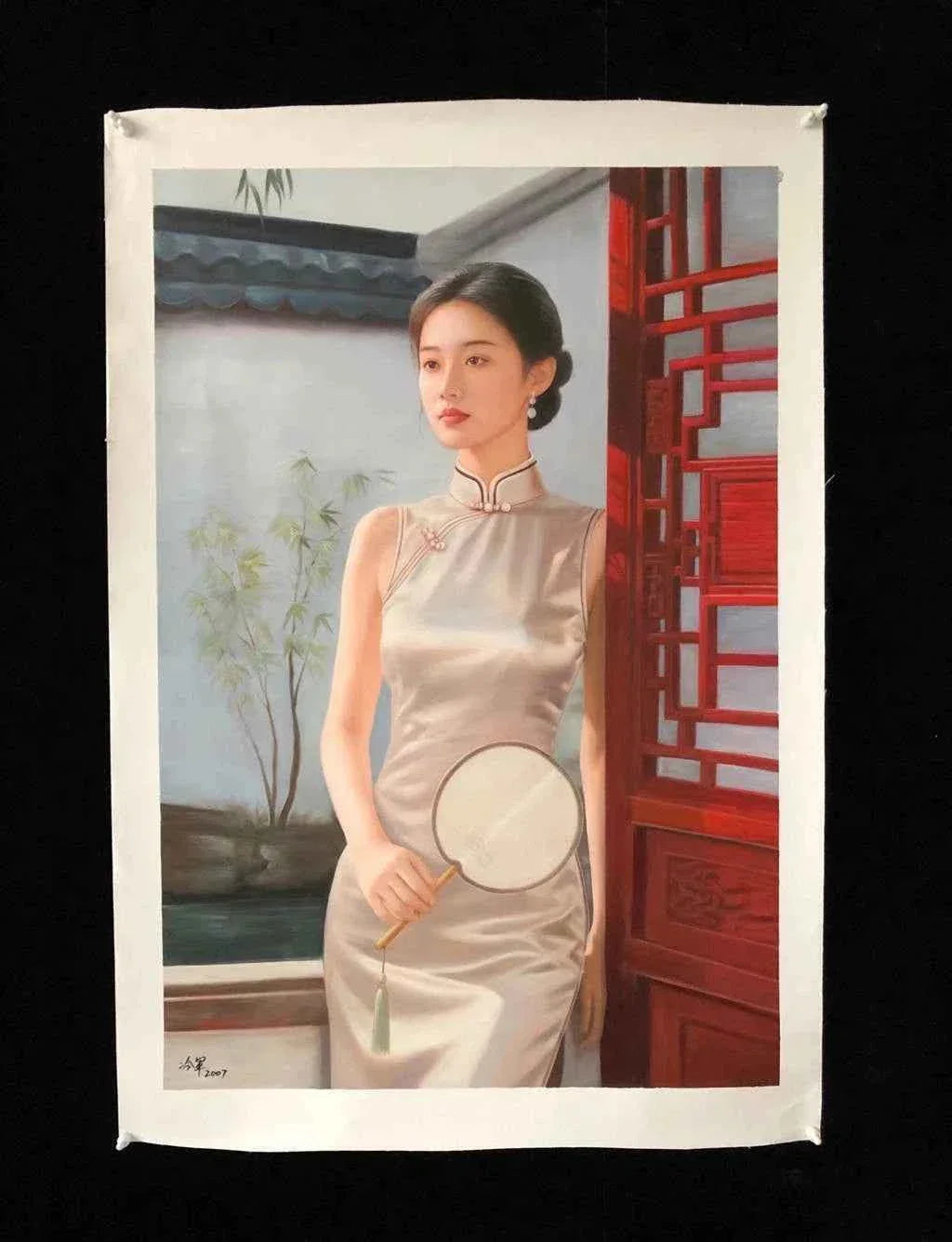 Peinture à l'huile chinoise sur toile peinte à la main belle femme avec éventail par Leng Jun - Kikooyou Art Gallery - Kikooyou Art Gallery