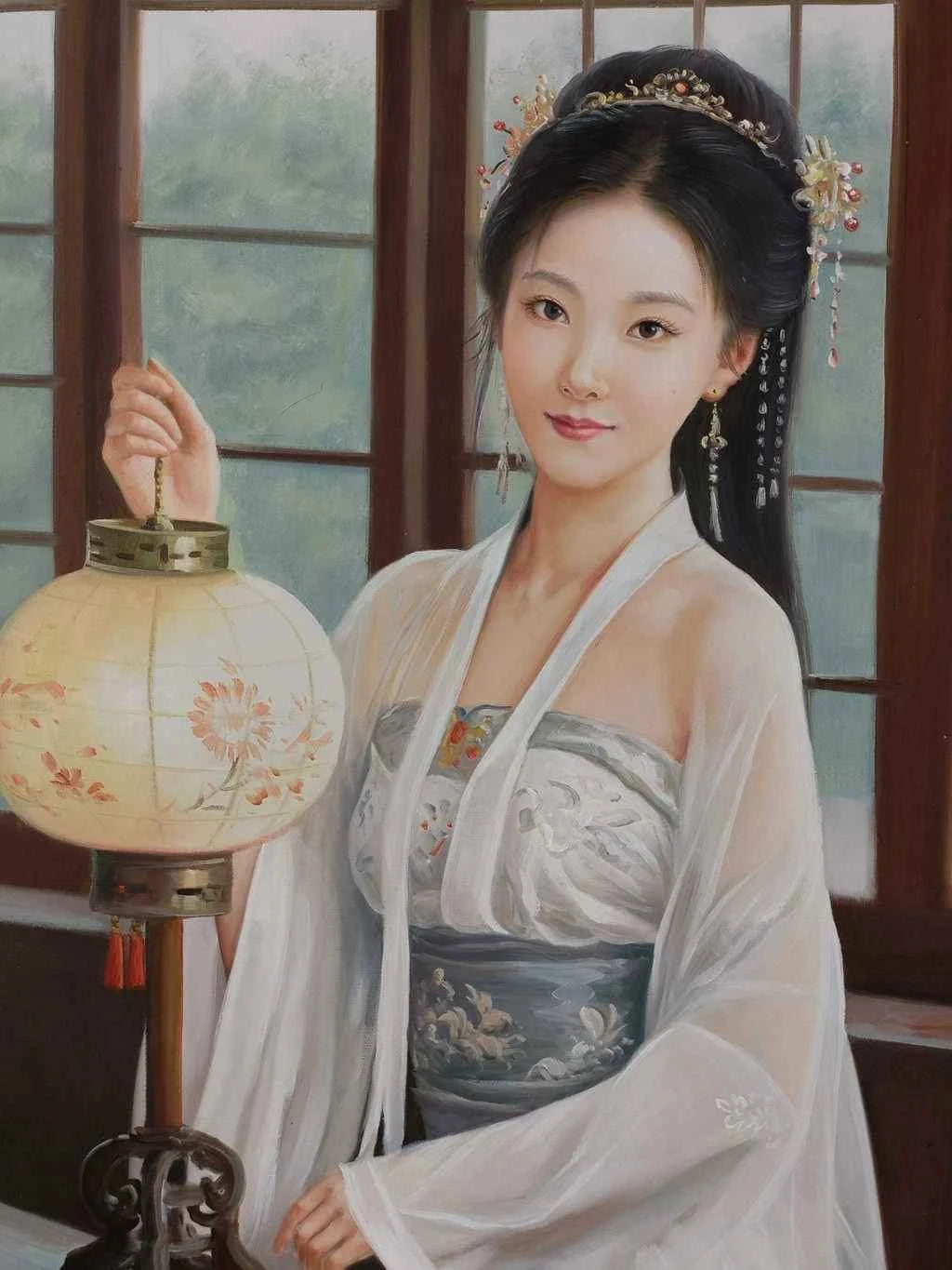 Peinture à l'huile sur toile peinte à la main belle femme chinoise avec lampe