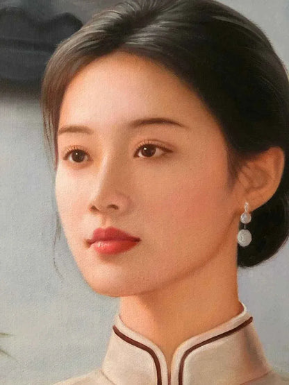 Peinture à l'huile chinoise sur toile peinte à la main belle femme avec éventail par Leng Jun - Kikooyou Art Gallery - Kikooyou Art Gallery