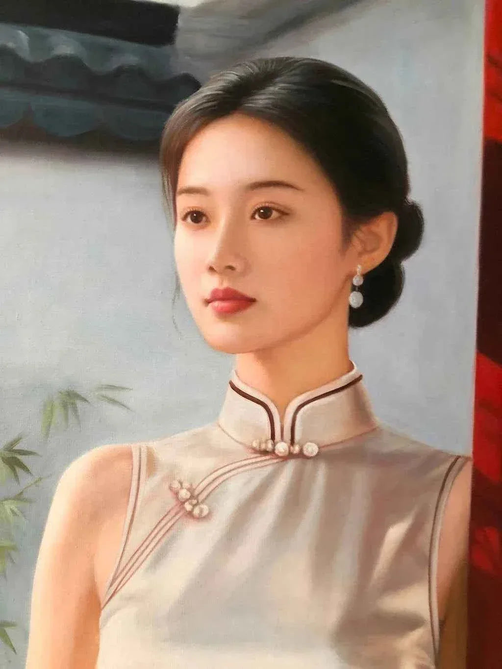 Peinture à l'huile chinoise sur toile peinte à la main belle femme avec éventail par Leng Jun - Kikooyou Art Gallery - Kikooyou Art Gallery