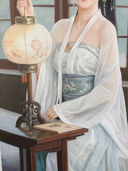 Peinture à l'huile sur toile peinte à la main belle femme chinoise avec lampe