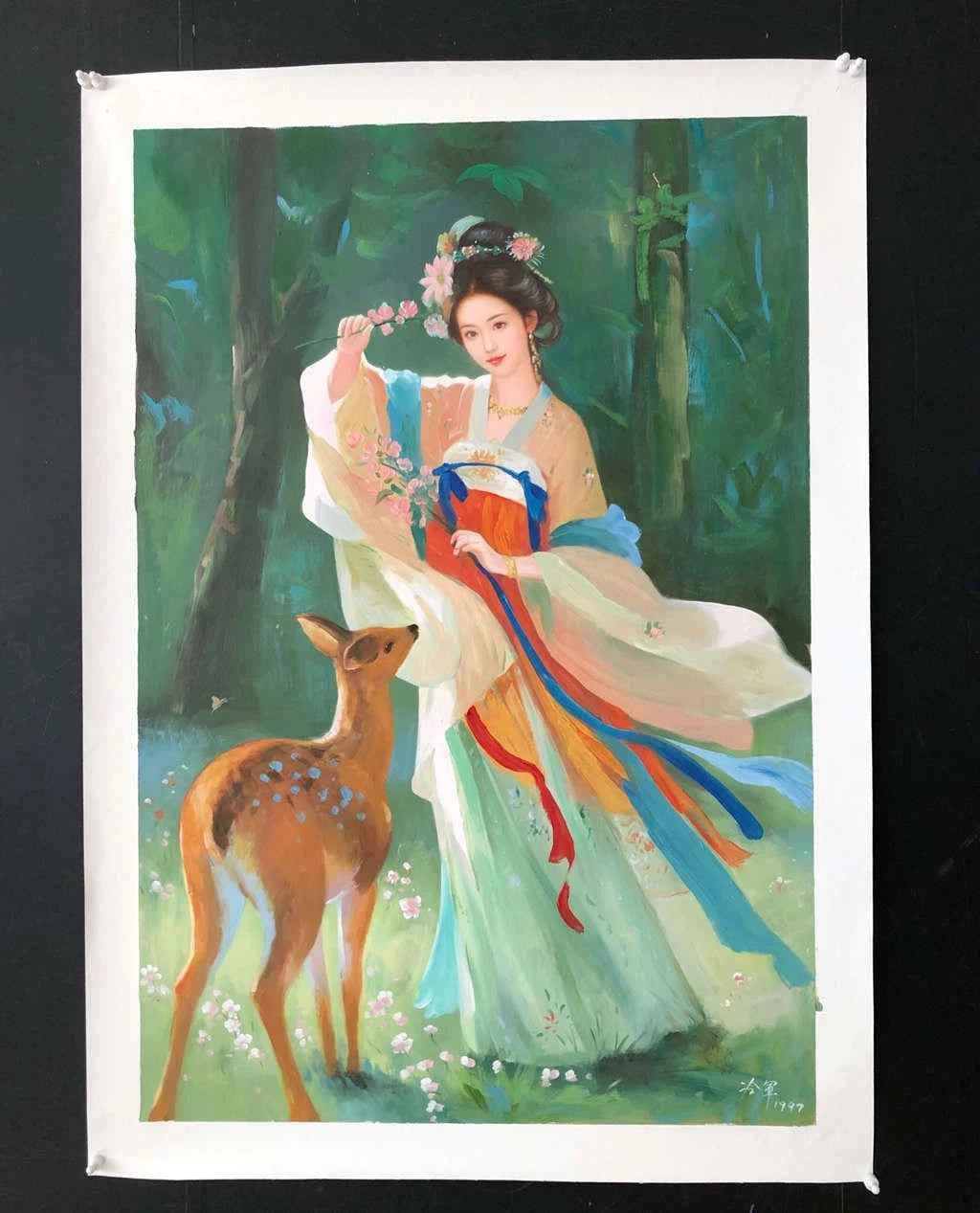 Peinture à l'huile sur toile peinte à la main belle femme avec faon par Leng Jun