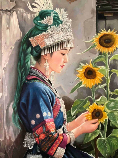Peinture à l'huile sur toile peinte à la main belle femme chinoise tibet par Leng Jun - Kikooyou Art Gallery