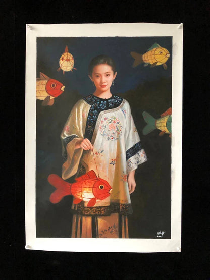 Peinture à l'huile chinoise sur toile peinte à la main belle femme avec lanterne poisson par Leng Jun - Kikooyou Art Gallery