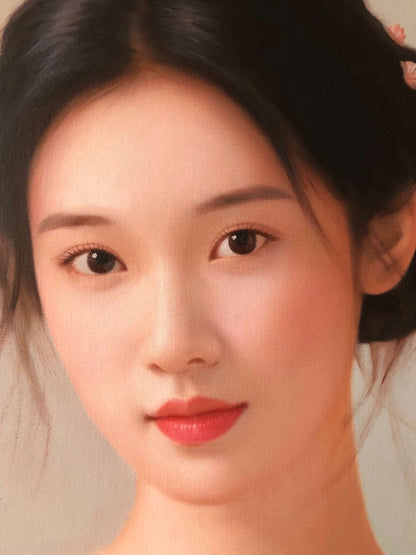Peinture à l'huile sur toile peinte à la main belle femme chinoise en robe rose par Leng Jun - Kikooyou Art Gallery