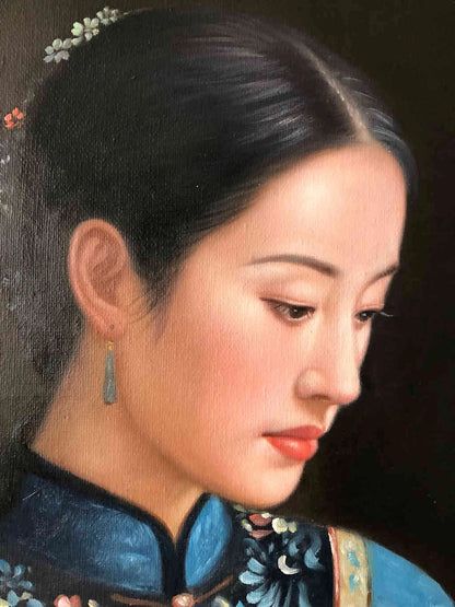Peinture à l'huile chinoise sur toile peinte à la main belle femme musicienne traditionnelle par Leng Jun - Kikooyou Art Gallery
