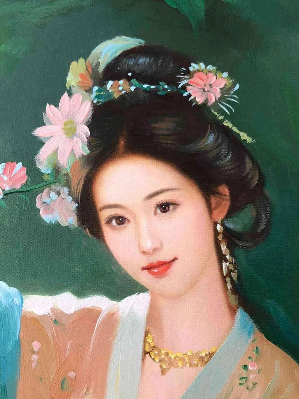 Peinture à l'huile sur toile peinte à la main belle femme avec faon par Leng Jun