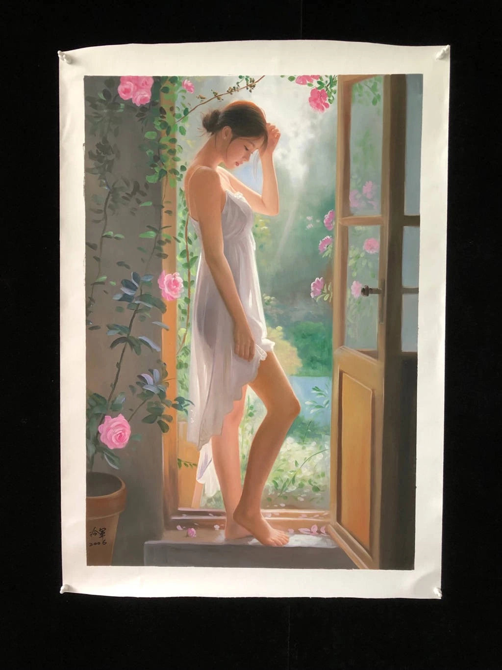 portrait femme chinoise dénudée devant fenêtre peinture huile sur toile - Kikooyou Art Gallery