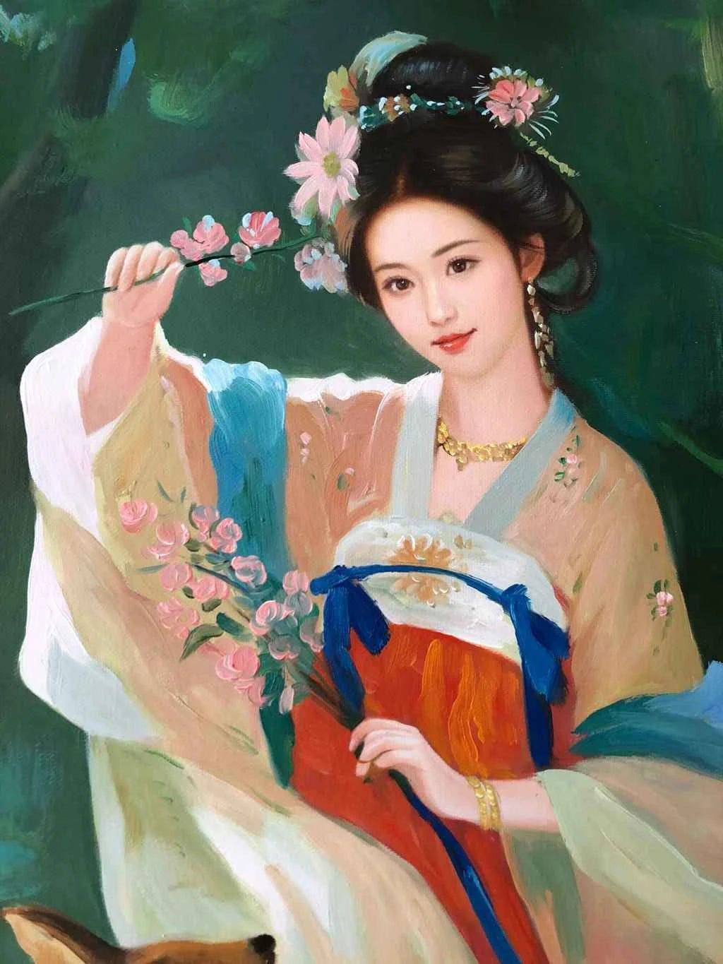 Peinture à l'huile sur toile peinte à la main belle femme avec faon par Leng Jun