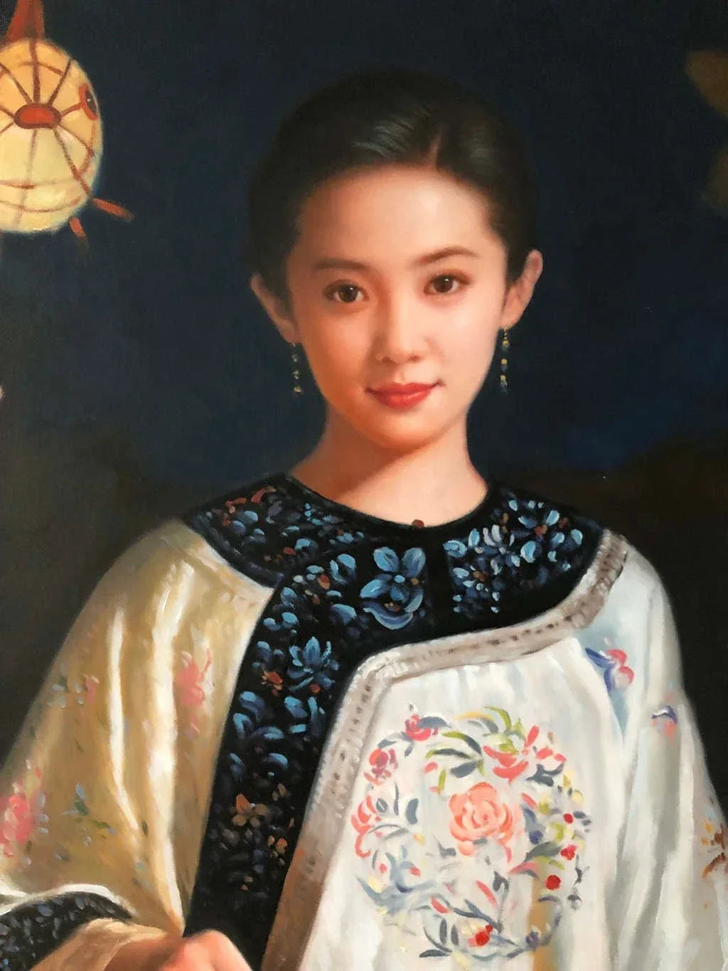 Peinture à l'huile chinoise sur toile peinte à la main belle femme avec lanterne poisson par Leng Jun - Kikooyou Art Gallery