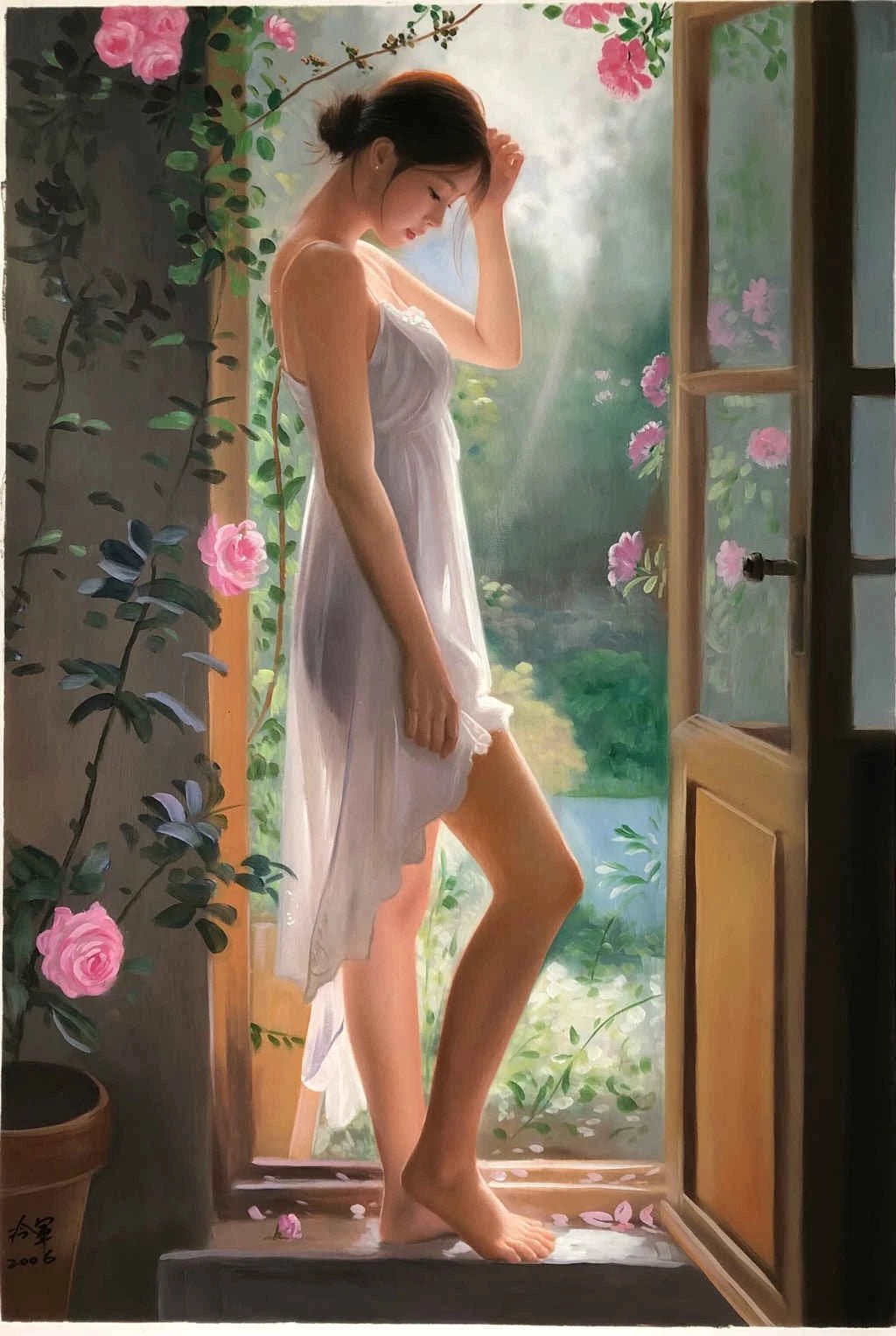 portrait femme chinoise dénudée devant fenêtre peinture huile sur toile - Kikooyou Art Gallery