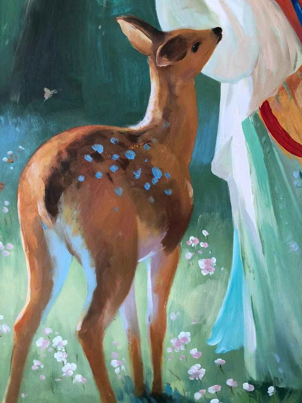 Peinture à l'huile sur toile peinte à la main belle femme avec faon par Leng Jun