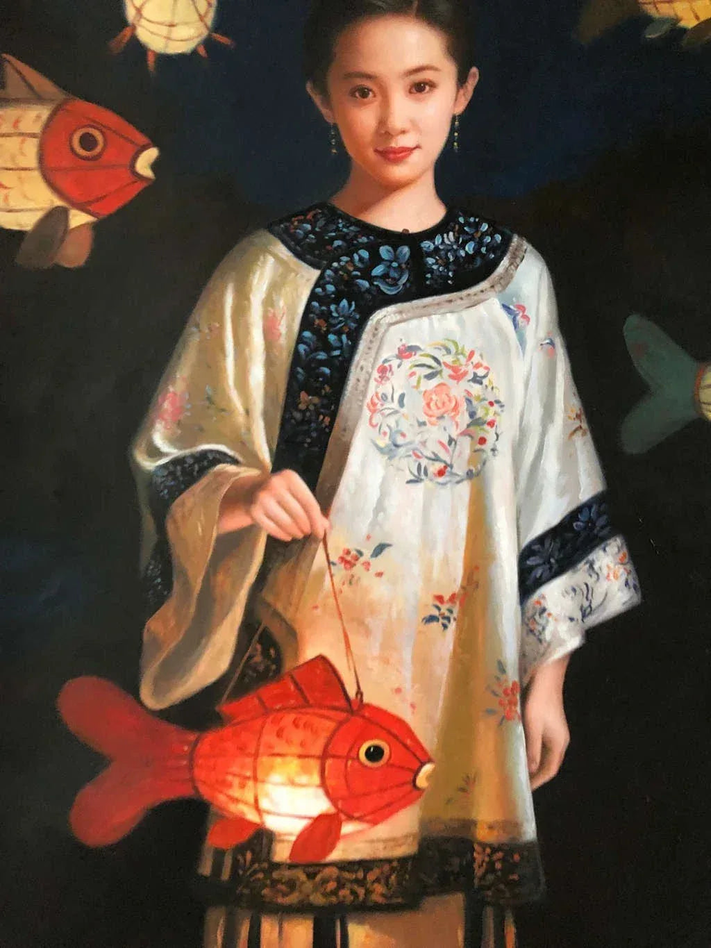 Peinture à l'huile chinoise sur toile peinte à la main belle femme avec lanterne poisson par Leng Jun - Kikooyou Art Gallery