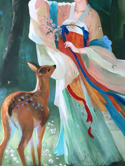 Peinture à l'huile sur toile peinte à la main belle femme avec faon par Leng Jun