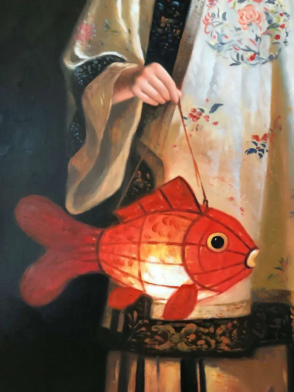 Peinture à l'huile chinoise sur toile peinte à la main belle femme avec lanterne poisson par Leng Jun - Kikooyou Art Gallery