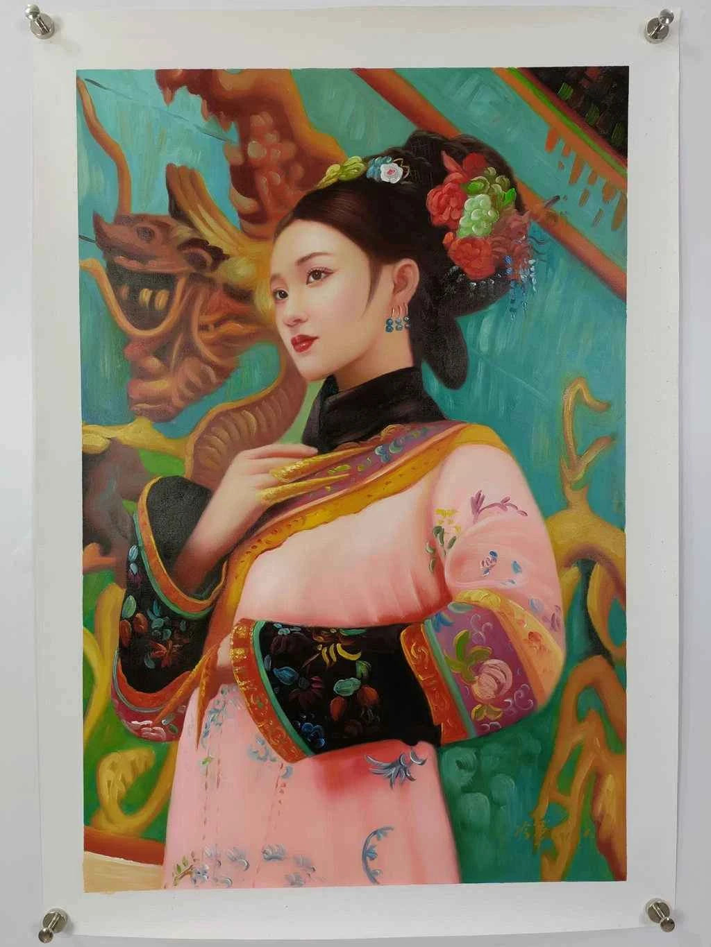 Peinture à l'huile sur toile peinte à la main belle femme avec habit traditionnel par Leng Jun