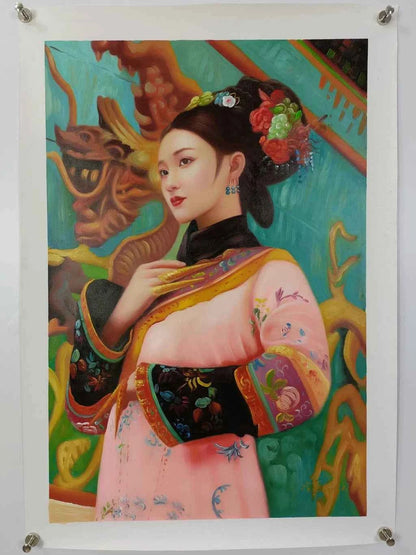 Peinture à l'huile sur toile peinte à la main belle femme avec habit traditionnel par Leng Jun