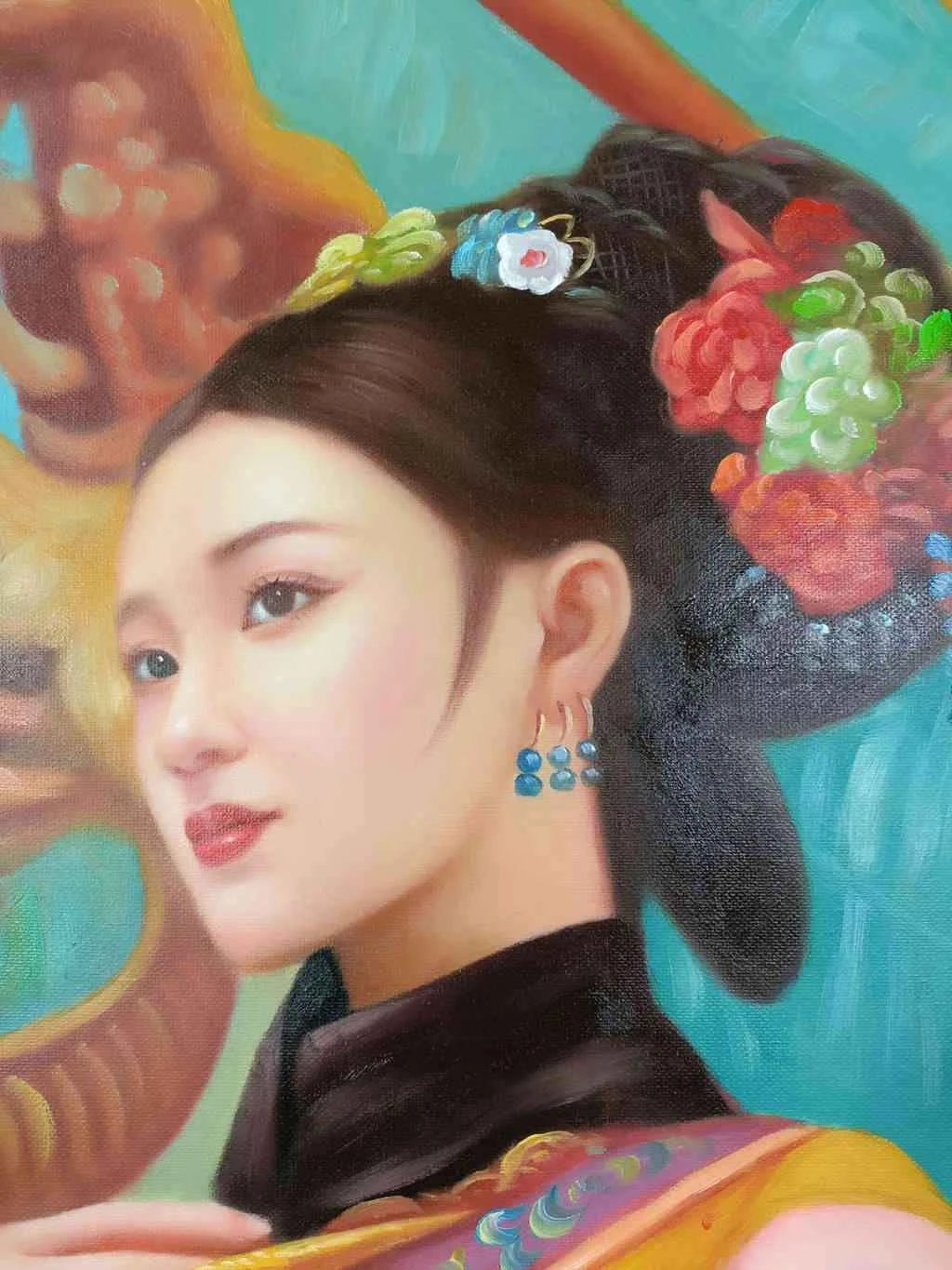 Peinture à l'huile sur toile peinte à la main belle femme avec habit traditionnel par Leng Jun